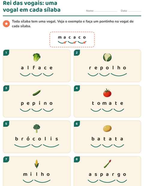 Pré-visualização da ficha de Separação de sílabas com Vegetais para 1º ano do ensino fundamental