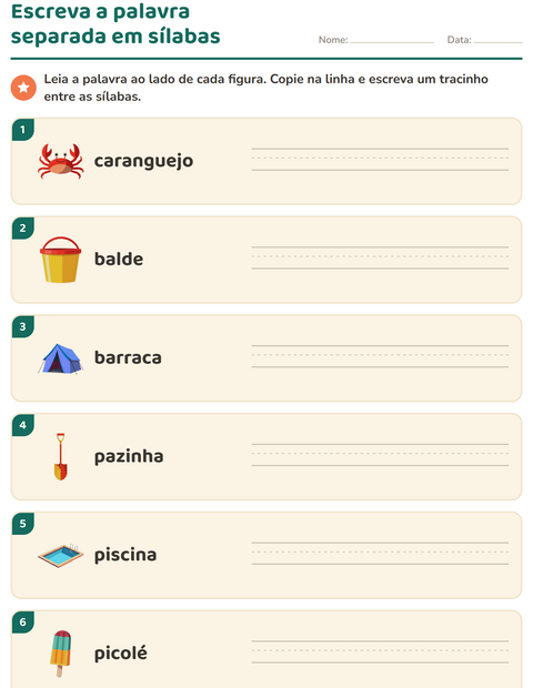 Pré-visualização da ficha de Separação de sílabas com Verão para 1º ano do ensino fundamental