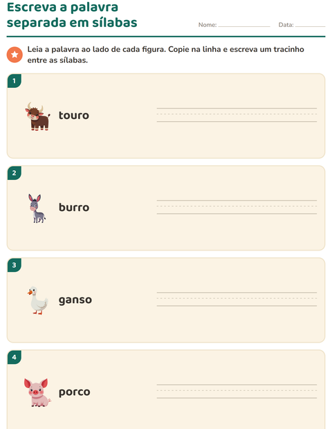 Pré-visualização da ficha de Separação de sílabas com Animais da fazenda para 1º ano do ensino fundamental