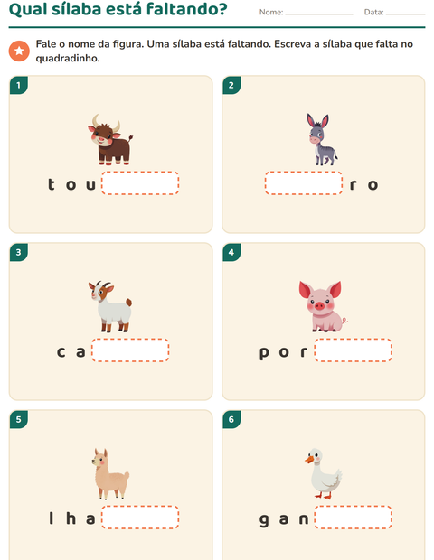 Pré-visualização da ficha de Separação de sílabas com Animais da fazenda para 1º ano do ensino fundamental