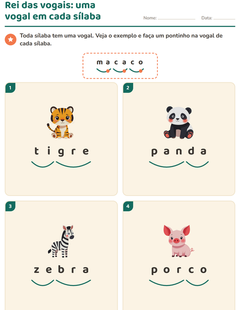 Pré-visualização da ficha de Separação de sílabas com Animais para 1º ano do ensino fundamental