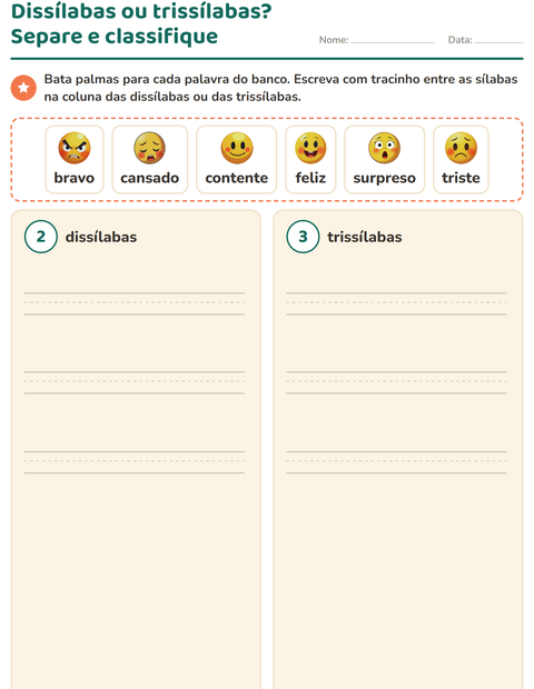 Pré-visualização da ficha de Separação de sílabas com Emoções para 1º ano do ensino fundamental