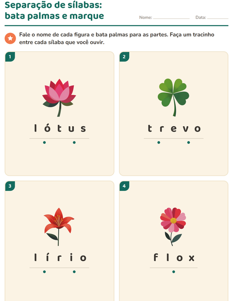 Pré-visualização da ficha de Separação de sílabas com Flores para 1º ano do ensino fundamental