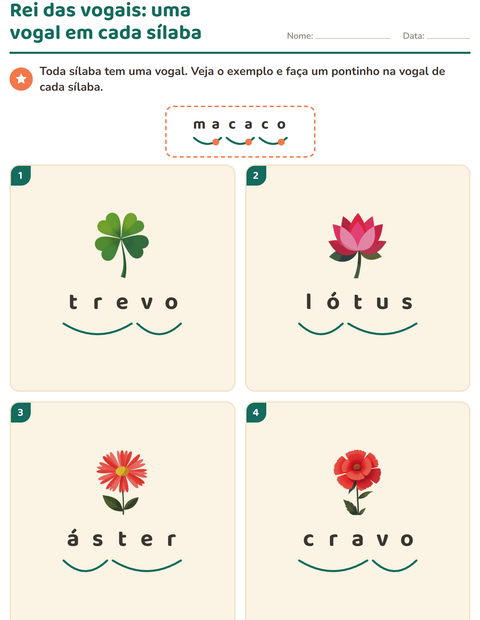 Pré-visualização da ficha de Separação de sílabas com Flores para 1º ano do ensino fundamental