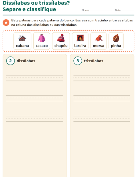 Pré-visualização da ficha de Separação de sílabas com Inverno para 1º ano do ensino fundamental