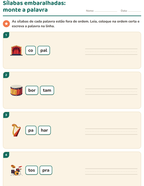 Pré-visualização da ficha de Separação de sílabas com Música para 1º ano do ensino fundamental