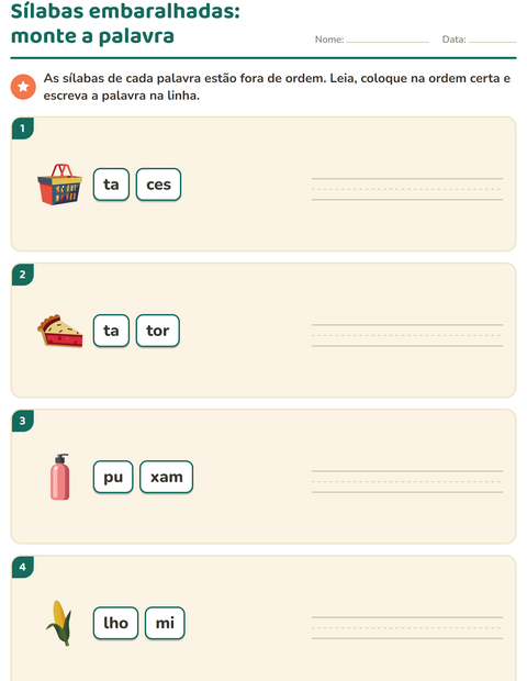 Pré-visualização da ficha de Separação de sílabas com No supermercado para 1º ano do ensino fundamental