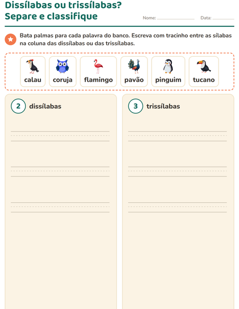 Pré-visualização da ficha de Separação de sílabas com Pássaros para 1º ano do ensino fundamental