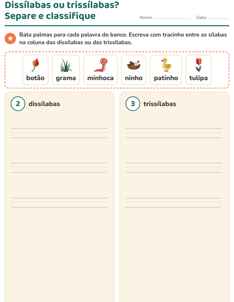 Pré-visualização da ficha de Separação de sílabas com Primavera para 1º ano do ensino fundamental