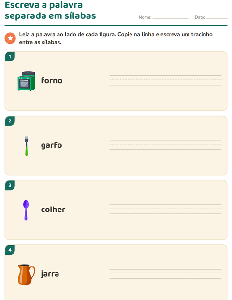 Pré-visualização da ficha de Separação de sílabas com Utensílios de cozinha para 1º ano do ensino fundamental