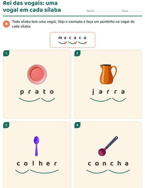 Pré-visualização da ficha de Separação de sílabas com Utensílios de cozinha para 1º ano do ensino fundamental
