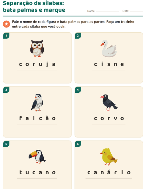 Pré-visualização da ficha de Separação de sílabas com Pássaros 2 para 1º ano do ensino fundamental