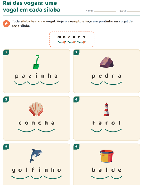 Pré-visualização da ficha de Separação de sílabas com Praia para 1º ano do ensino fundamental
