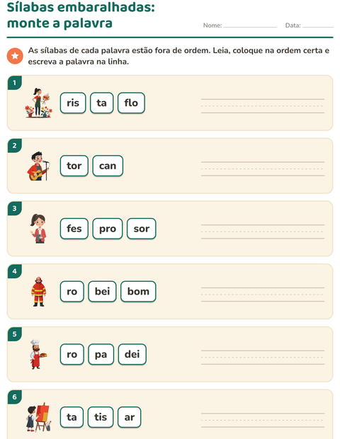 Pré-visualização da ficha de Separação de sílabas com Profissões para 1º ano do ensino fundamental