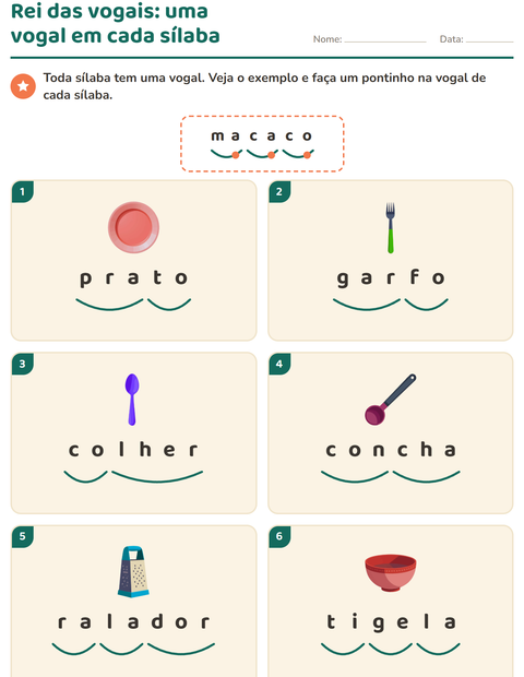Pré-visualização da ficha de Separação de sílabas com Utensílios de cozinha para 1º ano do ensino fundamental