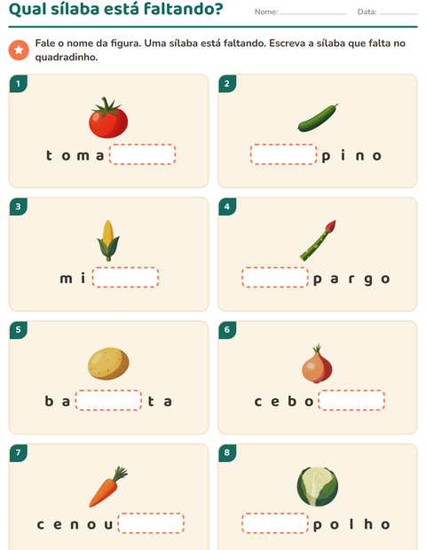 Pré-visualização da ficha de Separação de sílabas com Vegetais para 1º ano do ensino fundamental