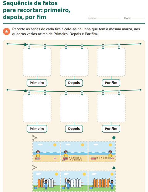 Sequência de fatos para recortar e colar: primeiro, depois, por fim