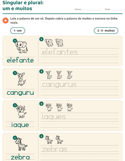 Pré-visualização da ficha de Singular e plural com Animais do zoológico PB para Educação infantil (pré-escola, 5-7 anos)