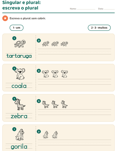 Pré-visualização da ficha de Singular e plural com Animais do zoológico PB para Educação infantil (pré-escola, 5-7 anos)