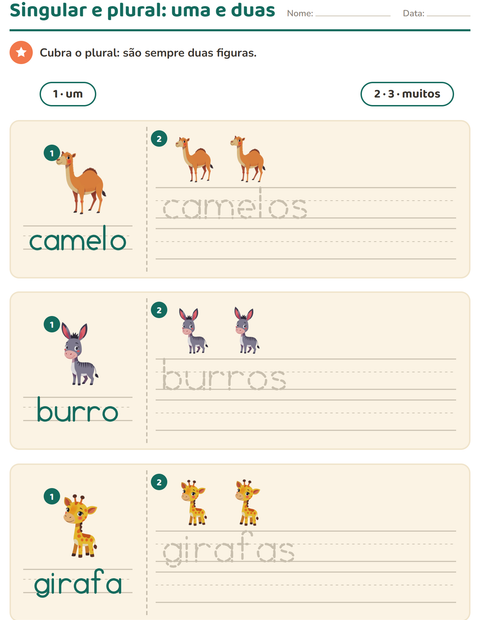 Singular e plural com animais: uma figura de um lado, duas do outro