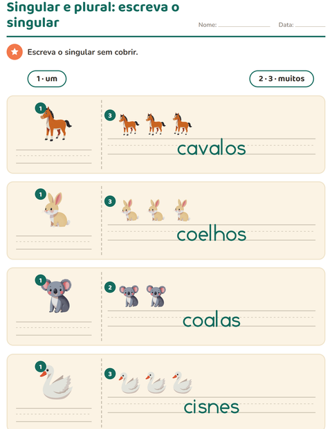 Singular e plural com animais: escreva a palavra que nomeia um só