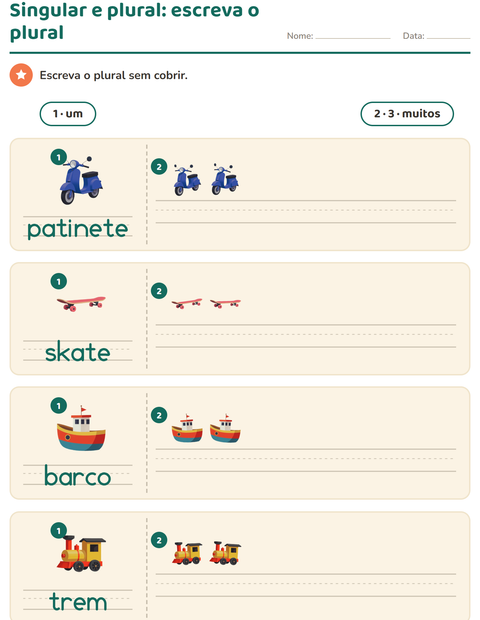 Singular e plural com brinquedos: escreva o plural na linha vazia