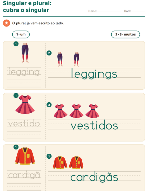 Pré-visualização da ficha de Singular e plural com Roupas para Educação infantil (pré-escola, 5-7 anos)