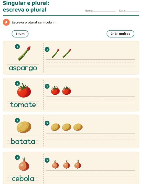 Pré-visualização da ficha de Singular e plural com Vegetais para Educação infantil (pré-escola, 5-7 anos)