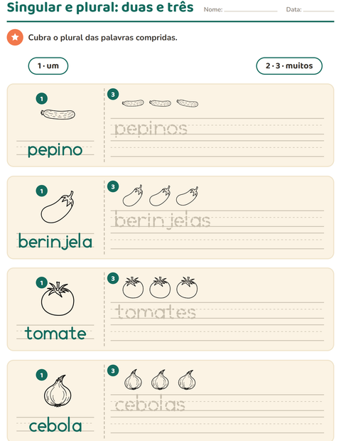 Pré-visualização da ficha de Singular e plural com Vegetais PB para Educação infantil (pré-escola, 5-7 anos)