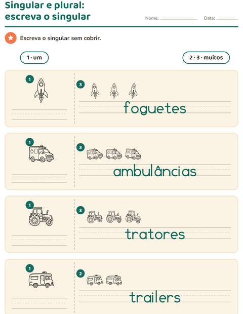 Pré-visualização da ficha de Singular e plural com Veículos PB 2 para Educação infantil (pré-escola, 5-7 anos)