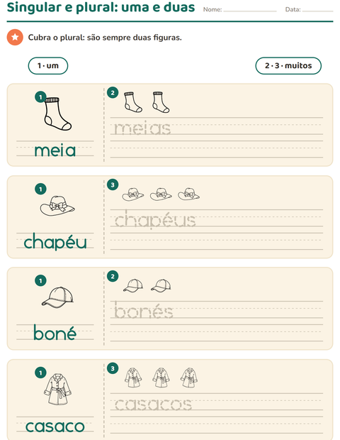 Pré-visualização da ficha de Singular e plural com Vestuário PB para Educação infantil (pré-escola, 5-7 anos)
