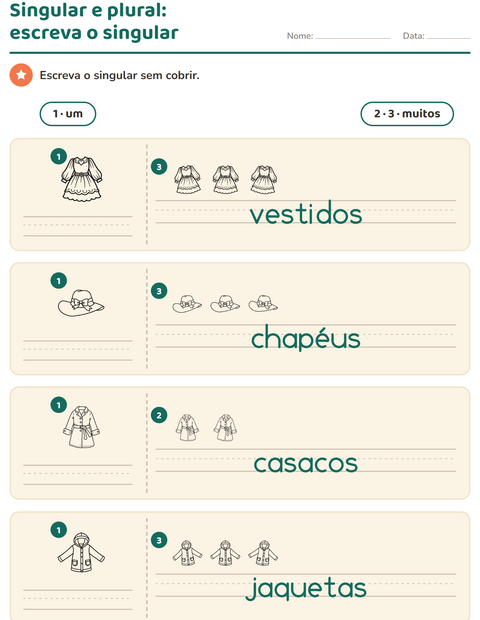 Pré-visualização da ficha de Singular e plural com Vestuário PB para Educação infantil (pré-escola, 5-7 anos)