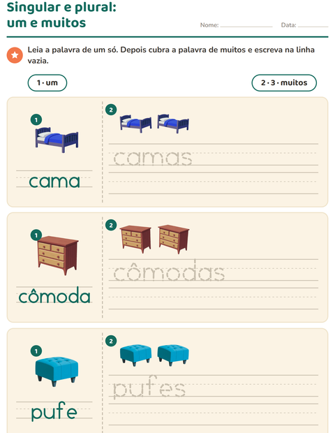 Pré-visualização da ficha de Singular e plural com Móveis para Educação infantil (pré-escola, 5-7 anos)