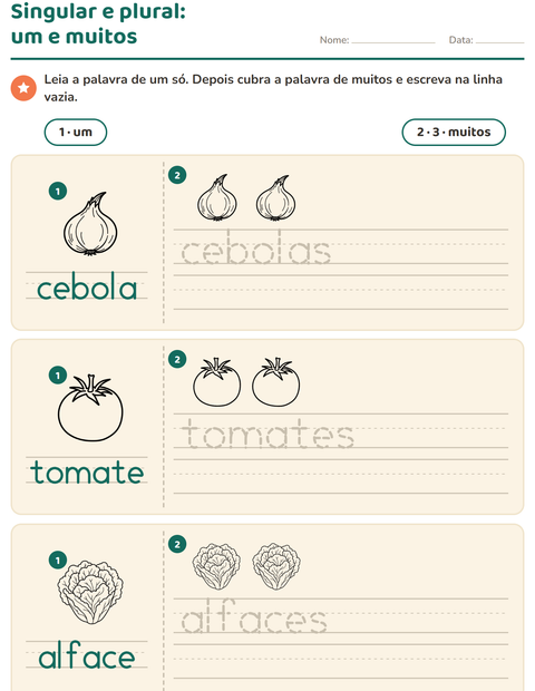 Pré-visualização da ficha de Singular e plural com Vegetais PB para Educação infantil (pré-escola, 5-7 anos)