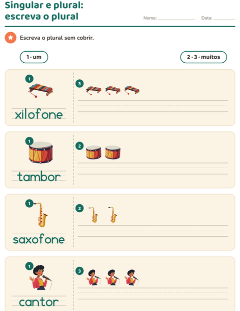 Pré-visualização da ficha de Singular e plural com Música para Educação infantil (pré-escola, 5-7 anos)