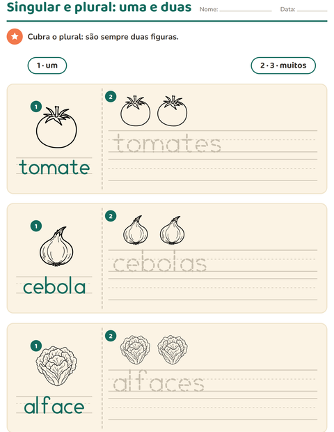 Pré-visualização da ficha de Singular e plural com Vegetais PB para Educação infantil (pré-escola, 5-7 anos)