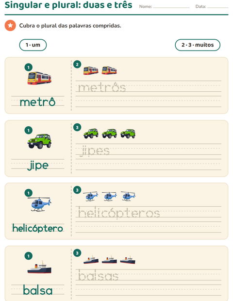Singular e plural com veículos: palavras compridas e três figuras