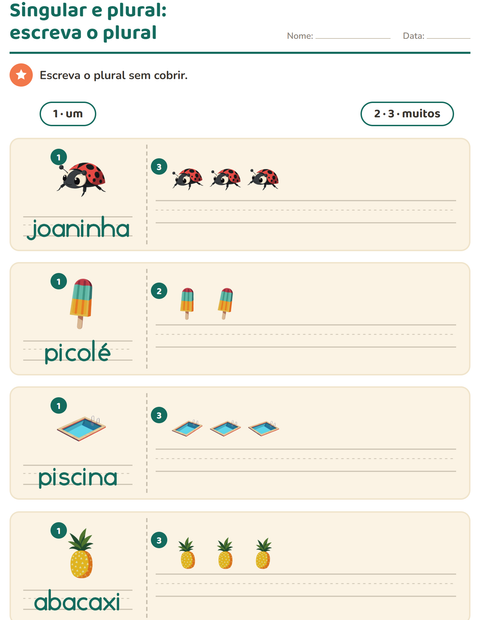 Pré-visualização da ficha de Singular e plural com Verão para Educação infantil (pré-escola, 5-7 anos)