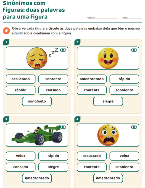 Pré-visualização da ficha de Sinônimos para 1º ano do ensino fundamental