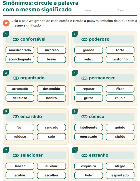 Pré-visualização da ficha de Sinônimos para 2º ano do ensino fundamental