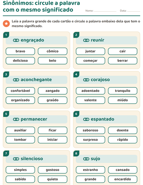 Pré-visualização da ficha de Sinônimos para 2º ano do ensino fundamental