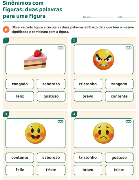 Pré-visualização da ficha de Sinônimos para 1º ano do ensino fundamental