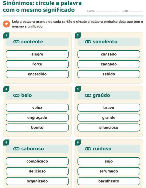 Pré-visualização da ficha de Sinônimos para 2º ano do ensino fundamental