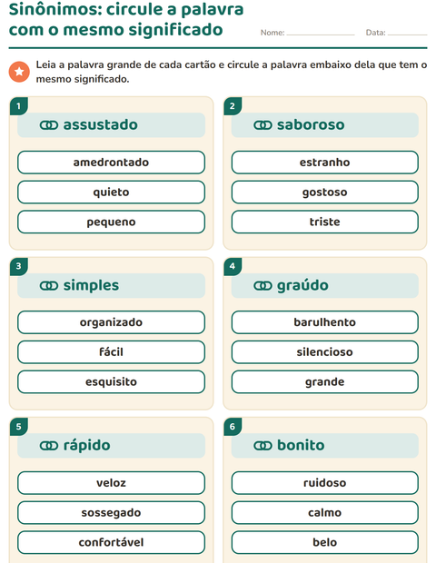 Pré-visualização da ficha de Sinônimos para 2º ano do ensino fundamental