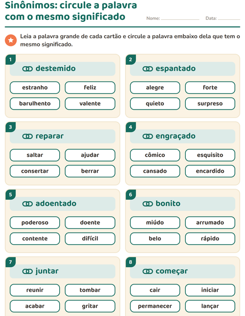 Pré-visualização da ficha de Sinônimos para 2º ano do ensino fundamental