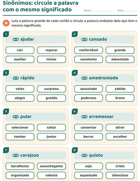 Pré-visualização da ficha de Sinônimos para 2º ano do ensino fundamental