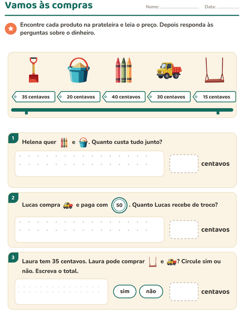 Pré-visualização da ficha de Sistema monetário com Brinquedos para 2º ano do ensino fundamental