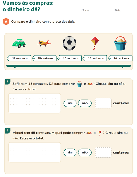 Pré-visualização da ficha de Sistema monetário com Brinquedos para 2º ano do ensino fundamental