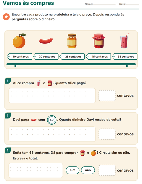 Pré-visualização da ficha de Sistema monetário com Café da manhã para 2º ano do ensino fundamental