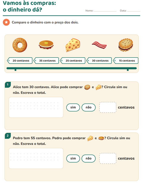 Pré-visualização da ficha de Sistema monetário com Café da manhã para 2º ano do ensino fundamental